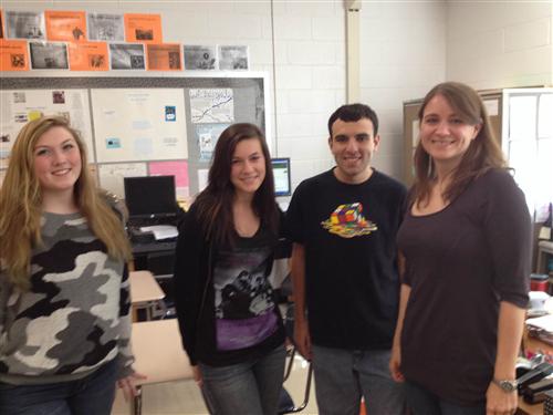 Author Kelly Braffet with creative writing students, Kathleen Craig, Rachel Thompkins, and Salvatore Paporto, October 2014 